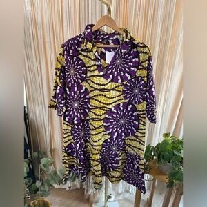 Vintage African Wax Print Tunic dress - Purple Yellow Spiral Pattern
